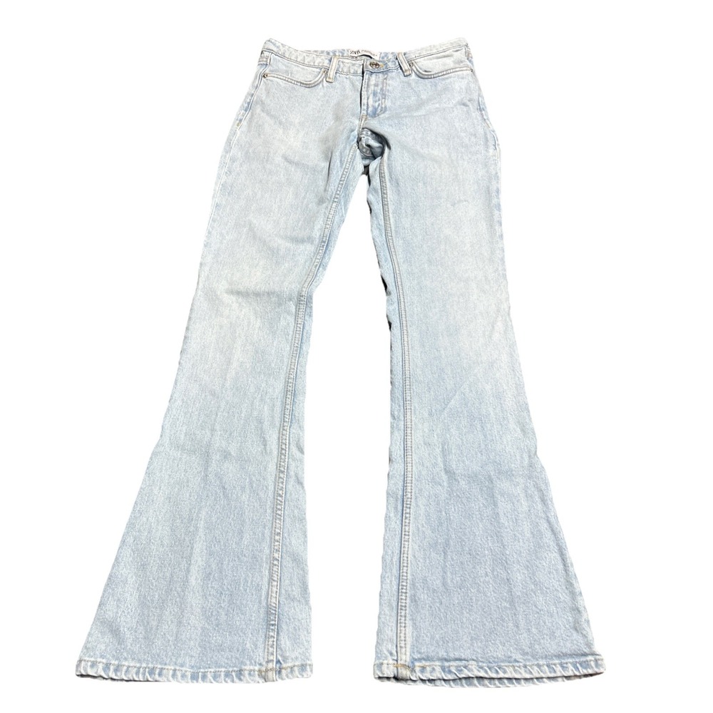 Zara Jeans Women Size 4 US Blue Flare Fit Leg Low Rise Full Length Stretch